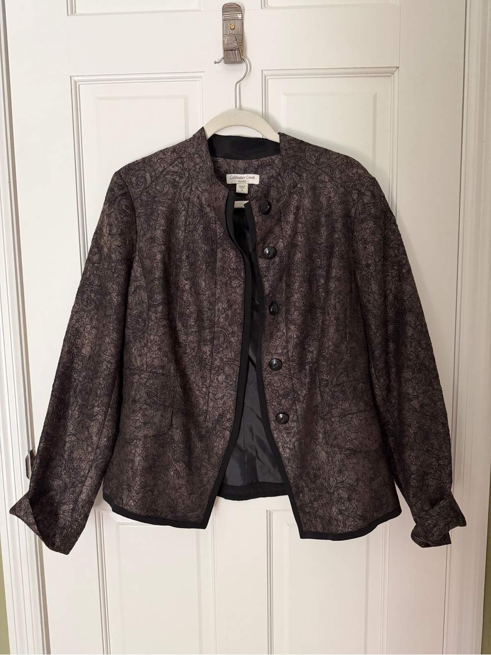 Coldwater Creek Women's metallic black/brown Patterned Collarless Jacket
